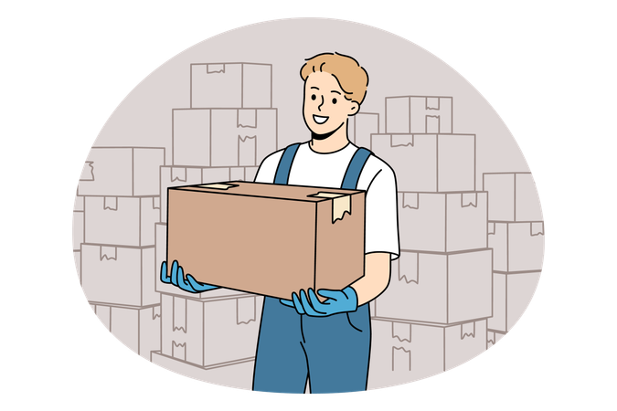 Mann in Uniform steht mit einem Haufen Pakete und Kisten, die den Transport zum Kunden transportieren  Illustration