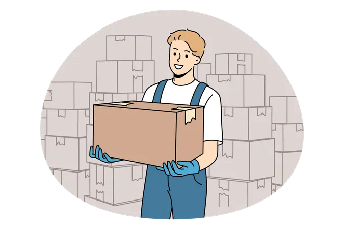 Mann in Uniform steht mit einem Haufen Pakete und Kisten, die den Transport zum Kunden transportieren  Illustration