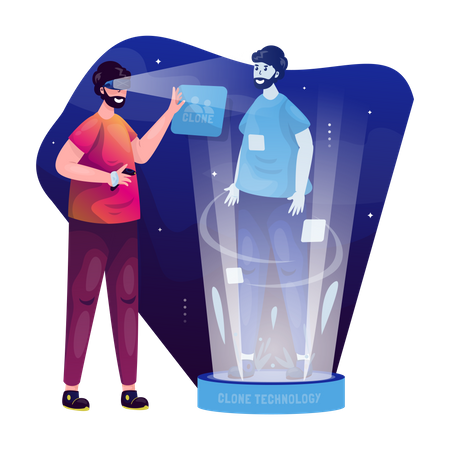 Mann interagiert mit Hologramm-Figur  Illustration