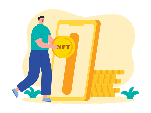 Mann investiert Münzen in NFT  Illustration