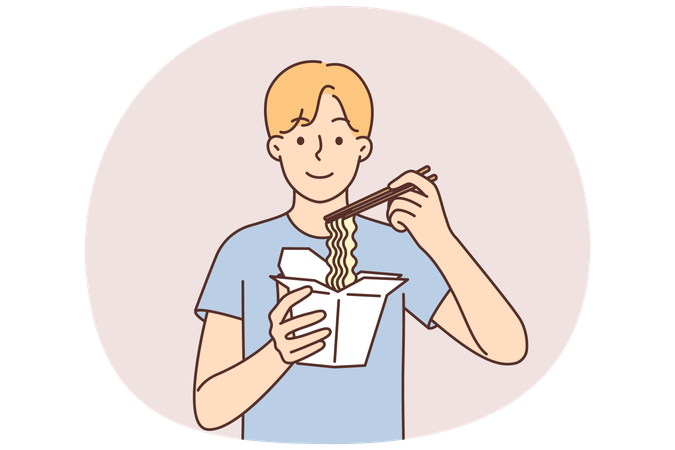 Mann isst chinesische Nudeln aus einem Take-away-Karton und hält Essstäbchen aus einem Restaurant  Illustration