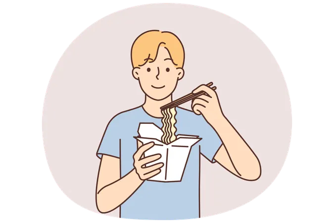 Mann isst chinesische Nudeln aus einem Take-away-Karton und hält Essstäbchen aus einem Restaurant  Illustration