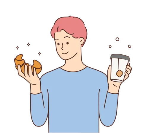 Mann isst Croissant und trinkt Kaffee  Illustration