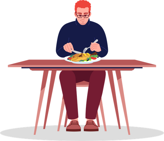 Mann isst Fisch mit Messer und Gabel  Illustration