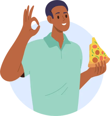 Mann isst köstliche italienische Pizza und gestikuliert ok Zeichen  Illustration