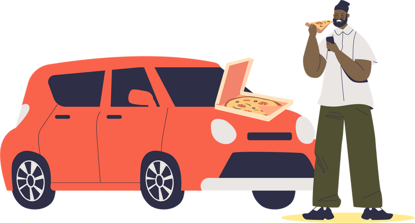 Mann isst Pizza auf der Motorhaube  Illustration