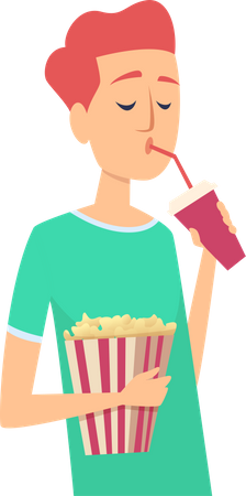 Mann isst Popcorn mit Kaltgetränk  Illustration