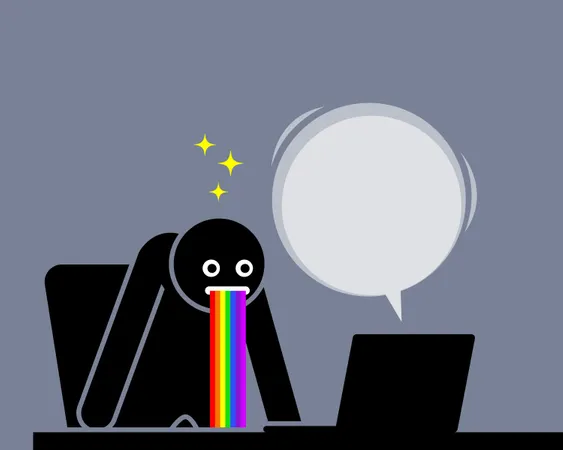 Mann ist erstaunt und kotzt regenbogenfarbenen Speichel aus angesichts der Inhalte, die er auf seinem Computerbildschirm sieht  Illustration