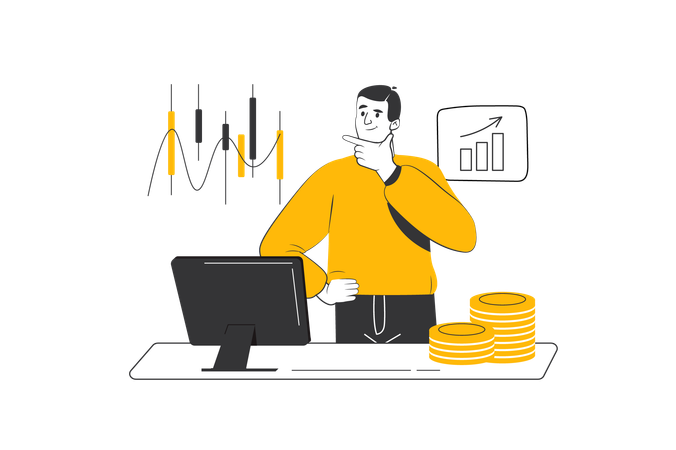 Mann mit Zustand der Währung an der Kryptobörse zufrieden.  Illustration