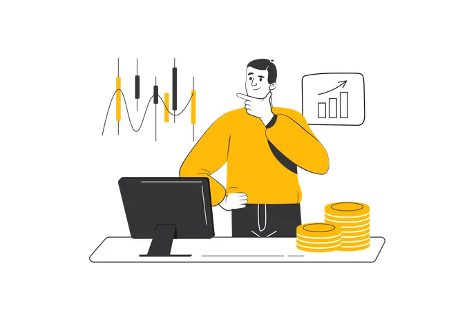 Mann mit Zustand der Währung an der Kryptobörse zufrieden.  Illustration