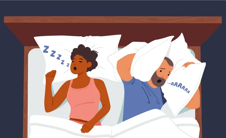 Mann kann nicht schlafen, weil Frau schnarcht  Illustration