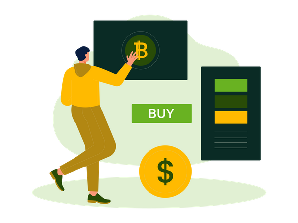 Mann kauft Bitcoin mit Dollar  Illustration