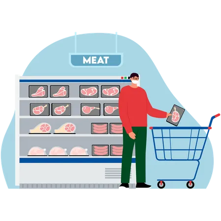 Mann kauft Fleisch im Supermarkt  Illustration