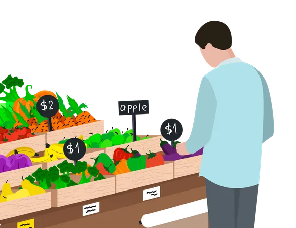 Mann kauft Gemüse und Obst ein  Illustration