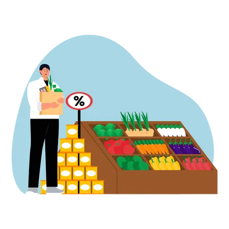 Mann kauft Gemüse mit Rabatt  Illustration