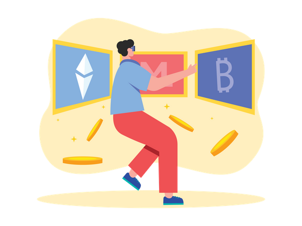 Mann kauft Kryptowährungen online  Illustration