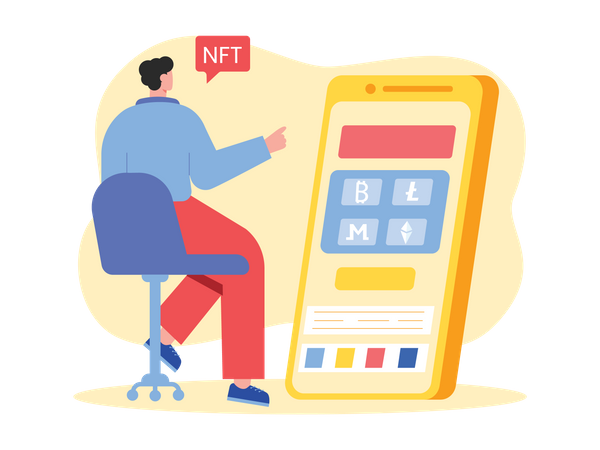 Mann kauft Kryptowährungen über mobile Börse  Illustration