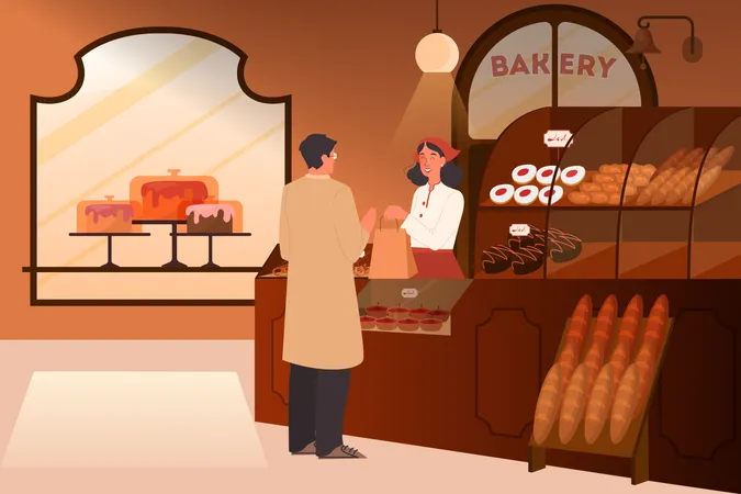 Mann kauft Lebensmittel in Bäckerei  Illustration