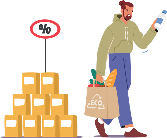 Mann kauft Lebensmittel mit Öko-Tasche  Illustration