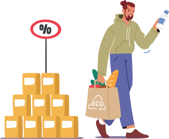 Mann kauft Lebensmittel mit Öko-Tasche  Illustration