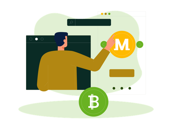 Mann kauft Monero-Münze online  Illustration