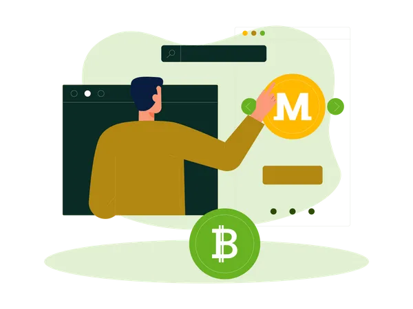 Mann kauft Monero-Münze online  Illustration