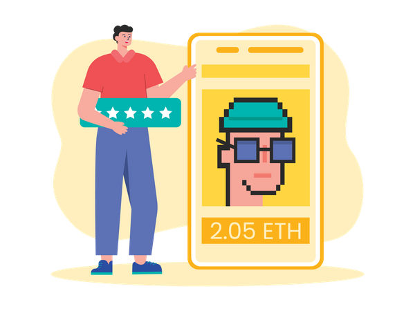 Mann kauft NFT-Kunst über mobile App  Illustration