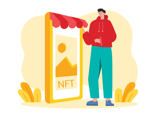 Mann kauft NFT von mobiler Börse  Illustration