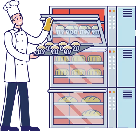 Mann Koch legt Cupcakes in Industrieofen  Illustration