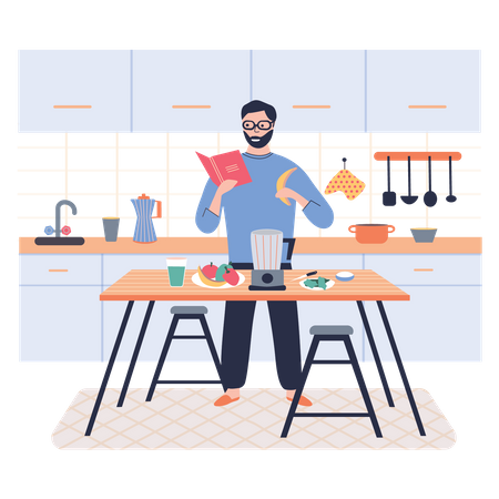 Mann kocht vegetarisches Essen  Illustration