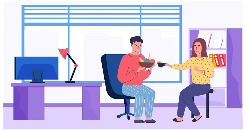 Mann kommuniziert mit Frau und hält Teller mit Obst  Illustration