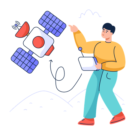 Mann steuert Satellitenschüssel  Illustration