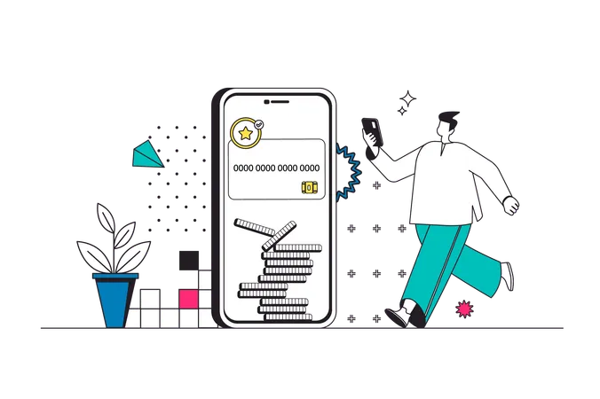 Mann kontrolliert Bankkonto per Online-App  Illustration