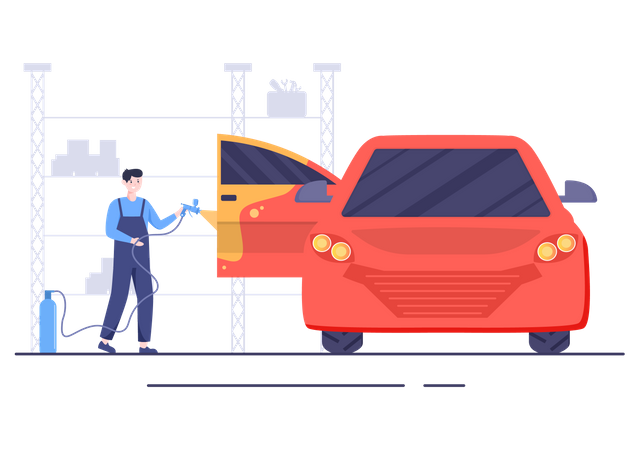 Mann lackiert Auto mit Maschine und Spritzpistole  Illustration