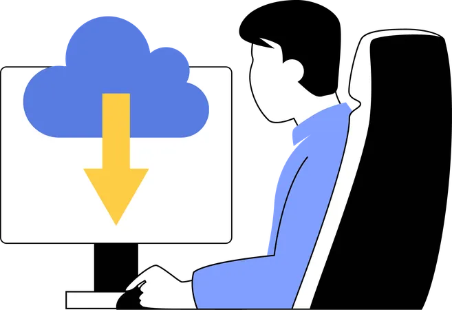 Mann lädt Dateien aus Cloud-System herunter  Illustration