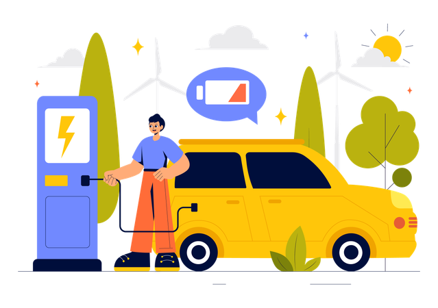 Mann lädt Batterie eines Elektroautos auf  Illustration