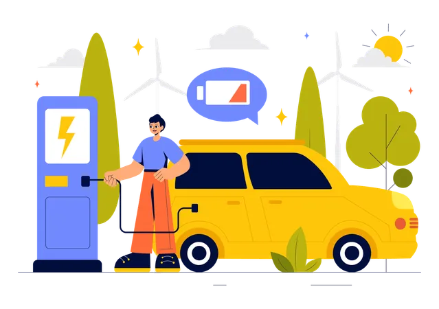 Mann lädt Batterie eines Elektroautos auf  Illustration