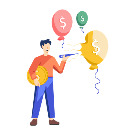 Mann mit Nadel platzt Dollar-Ballon Deflation  Illustration