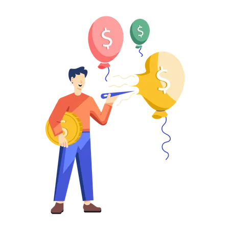 Mann mit Nadel platzt Dollar-Ballon Deflation  Illustration