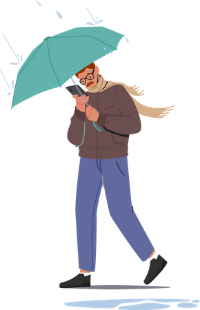 Mann läuft im Regen und benutzt Smartphone  Illustration