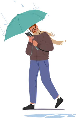 Mann läuft im Regen und benutzt Smartphone  Illustration