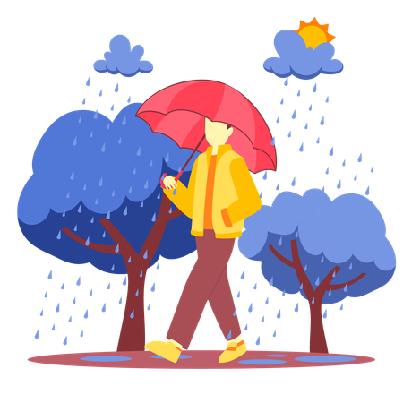 Mann läuft mit Regenschirm im Regen  Illustration