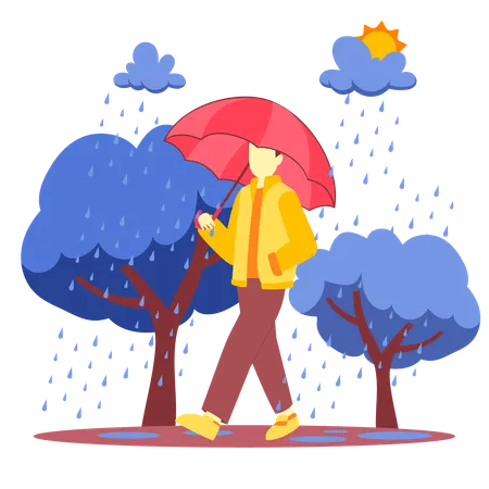 Mann läuft mit Regenschirm im Regen  Illustration