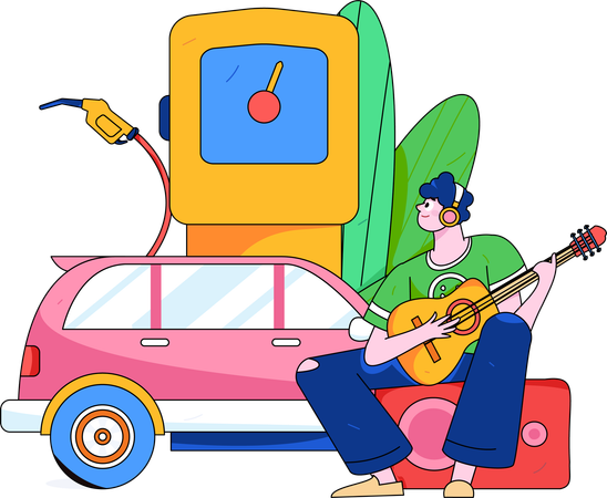 Mann legt Gitarre an Tankstelle  Illustration