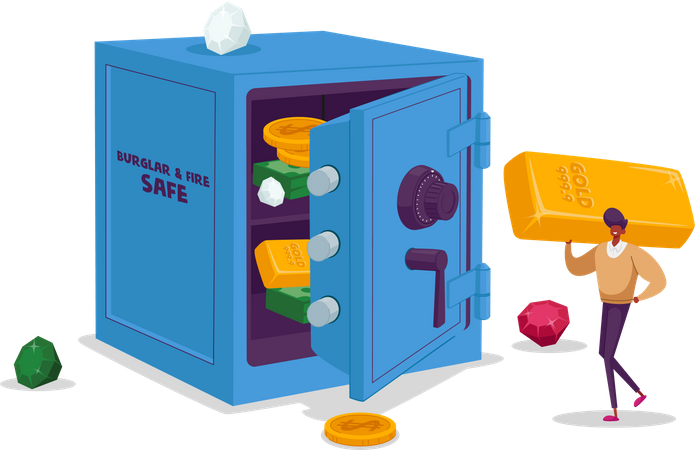 Mann legt Gold in Banktresor  Illustration