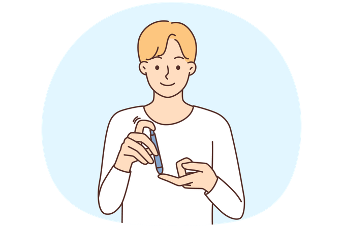 Mann leidet an Diabetes. Stechen Sie mit einer Spritze in den Finger. Leiden Sie an Diabetes.  Illustration
