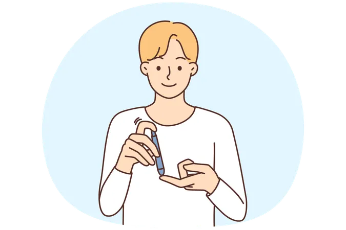 Mann leidet an Diabetes. Stechen Sie mit einer Spritze in den Finger. Leiden Sie an Diabetes.  Illustration