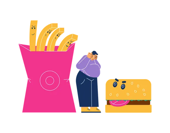 Mann leidet unter Esssucht und übermäßigem Essen  Illustration