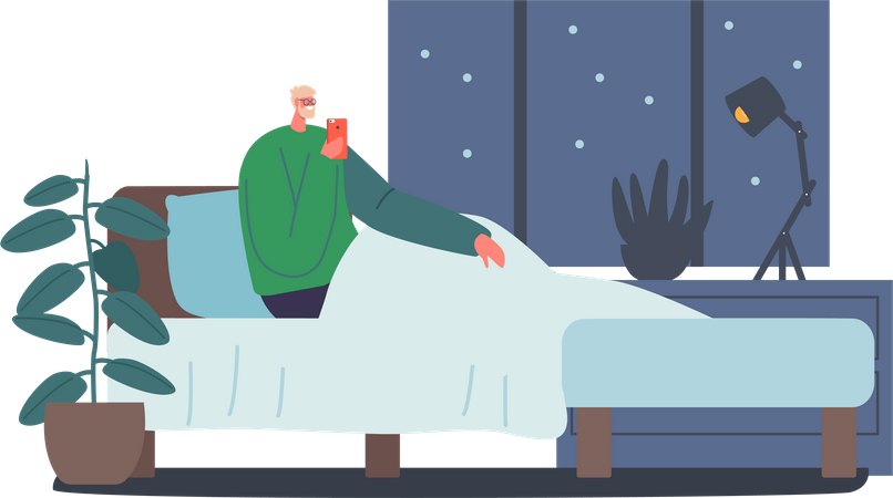 Mann leidet unter Schlafstörungen aufgrund seiner Smartphonesucht  Illustration
