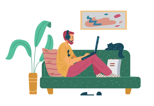 Mann studiert aus der Ferne, sitzt auf der Couch  Illustration